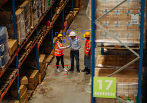 Industrial setting of 3 people with hard hats.